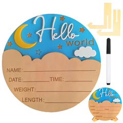 Baby Announcement Sign hello world wooden board displaying newborn birth details