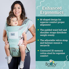 Baby Bells Ring hip-seat keeps baby at eye level with balanced weight.