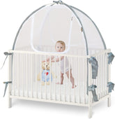 Baby & Beyond crib tent assembly with rods provides sturdy setup.
