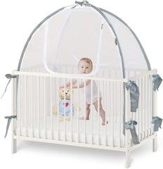 Baby & Beyond crib tent assembly with rods provides sturdy setup.