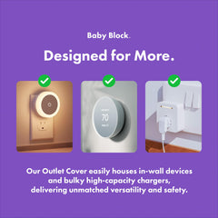 Baby Block oversized outlet cover box for sideways plugs fits awkward layouts while keeping outlets protected.