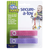 Baby Buddy Secure-A-Toy on a stroller teether keeps toys clean and reachable.