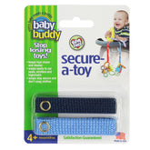 Baby Buddy Secure-A-Toy on a stroller keeps toys off the floor and within reach.
