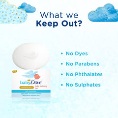 Baby Dove Rich Moisture Bar packaging shot highlights travel-friendly 75g size.