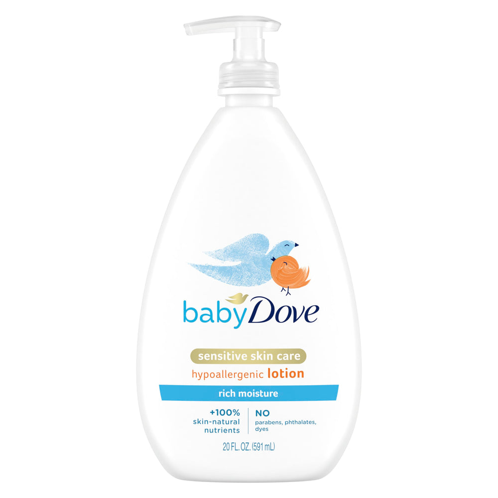Baby Dove Rich Moisture hypoallergenic lotion bottle delivers 24-hour hydration for delicate baby skin.