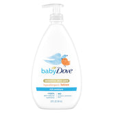 Baby Dove Rich Moisture hypoallergenic lotion bottle delivers 24-hour hydration for delicate baby skin.