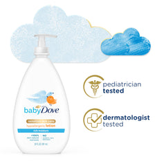 Close-up of Baby Dove Rich Moisture lotion texture, smooth and non-greasy on skin.