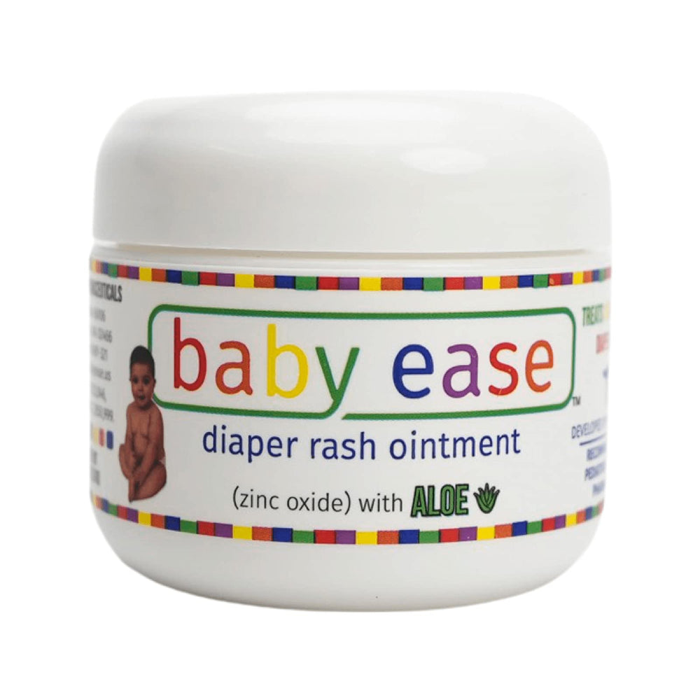 BabyEase diaper rash cream jar shows zinc oxide and aloe for soothing relief.