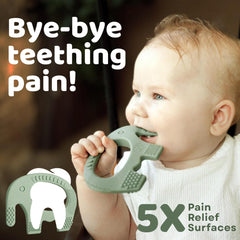 Baby Elefun olive teether is dishwasher-safe for easy cleaning.