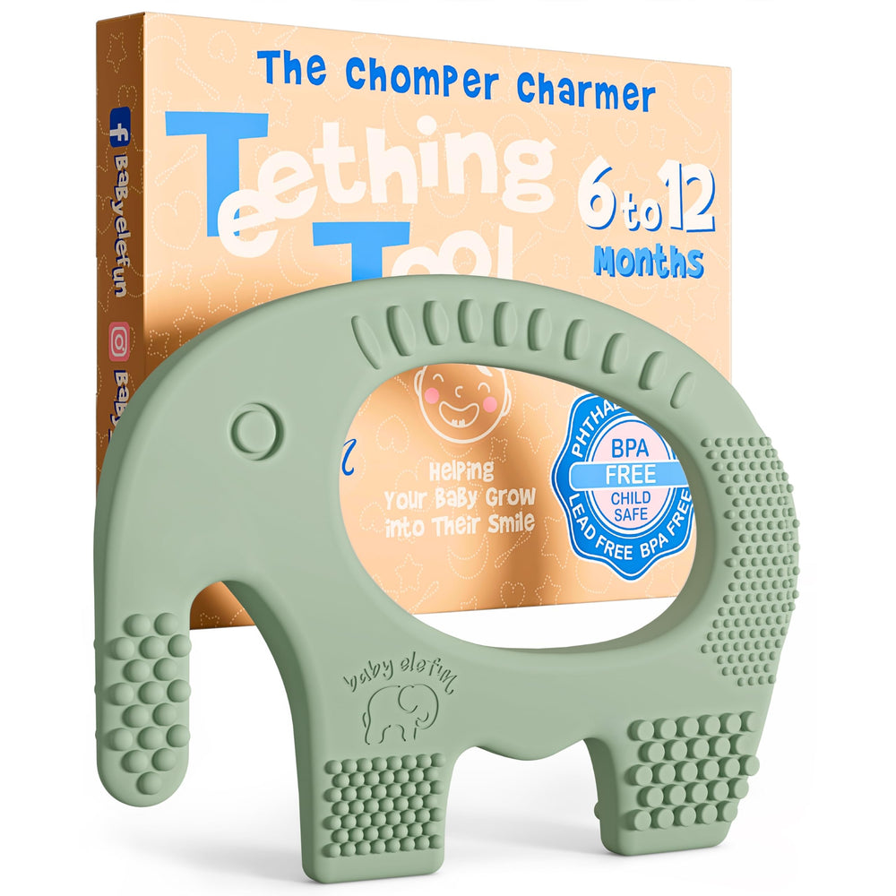 Baby Elefun olive teether with five textured nubs for teething relief.