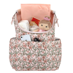 Baby Essentials floral diaper backpack pocket-organization view demonstrates versatile storage options for busy parents.