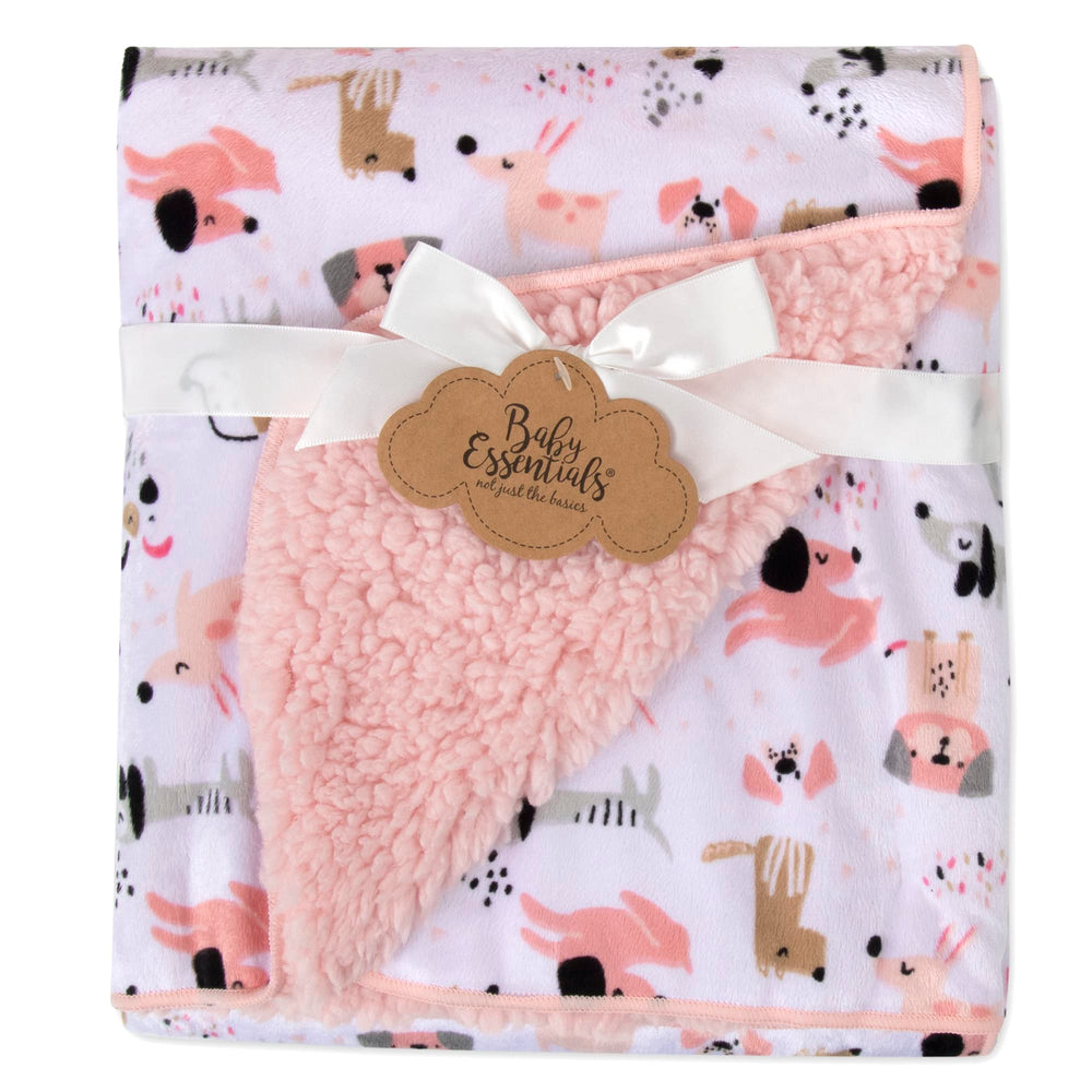 Baby Essentials Sherpa fleece Puppy Pink blanket front view, cozy for newborn naps