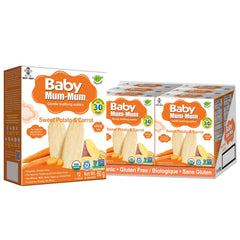 Baby Mum-Mum Hot-Kid rice rusks with sweet potato and carrot dissolve easily for tiny hands.