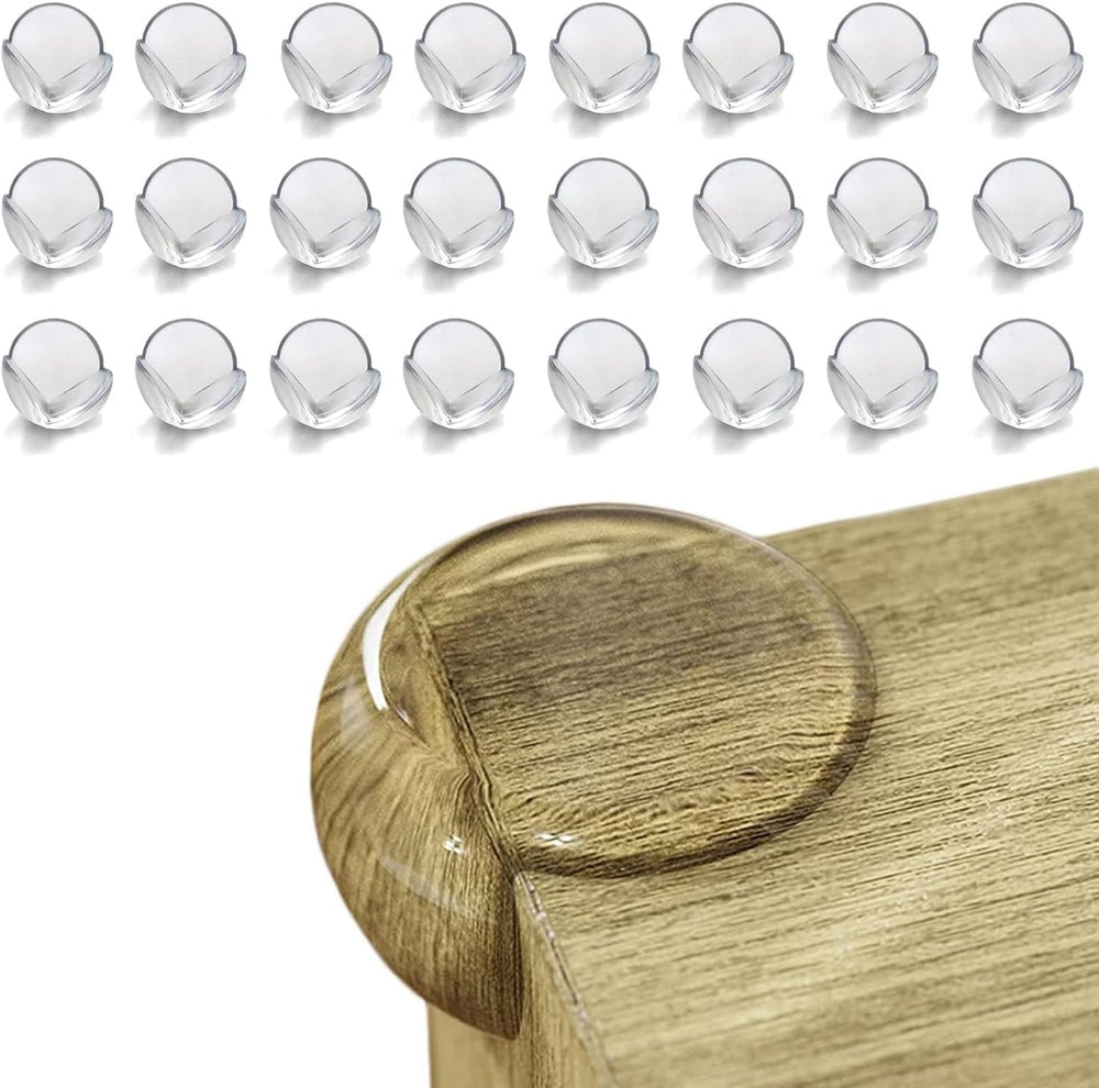 Baby Proof Me clear table corner protector on wood surface shields babies from sharp edges