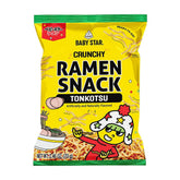 Baby Star Tonkotsu Crunchy Tiny Ramen Snack pack shot shows savory, convenient crunch.