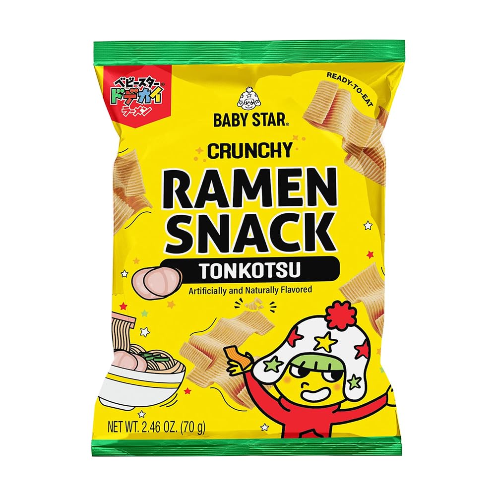 Baby Star Tonkotsu Crunchy Tiny Ramen Snack with wide noodles for a bold crunch.