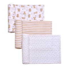 Baby Starters 3-pack cotton muslin swaddle blanket laid flat, breathable for cozy swaddling.