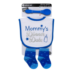 Baby Starters 3-piece blue set: bib, spoon, socks; gentle on gums and easy to clean.