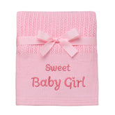 Baby Starters cotton knit blanket with Sweet Baby Girl embroidery for cozy nursery moments.