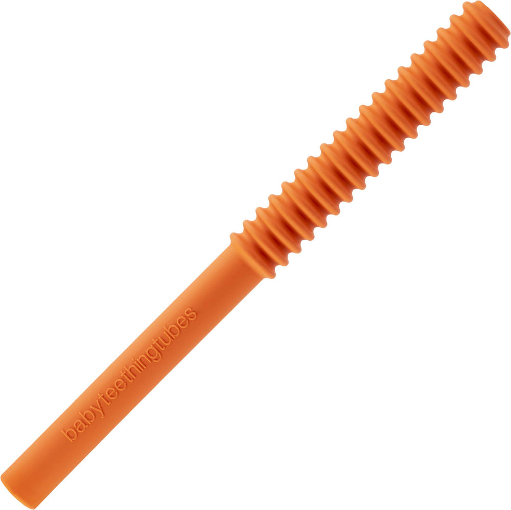 Baby Teething Tubes orange 7-inch silicone teether for gentle gum relief.