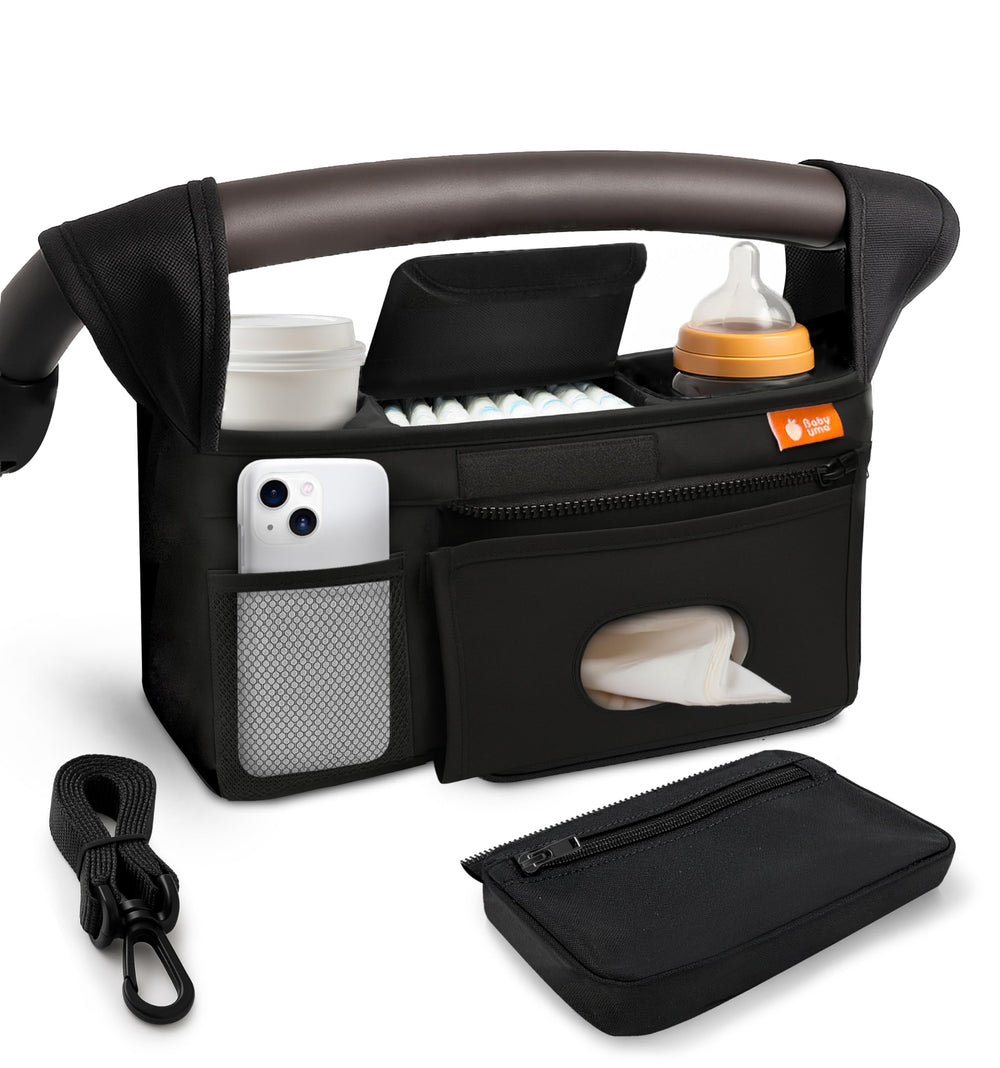 Baby Uma universal stroller organizer viewed in full, showcasing seven compartments for on-the-go storage.