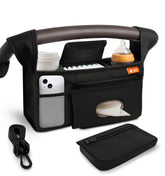 Baby Uma universal stroller organizer viewed in full, showcasing seven compartments for on-the-go storage.