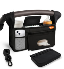 Baby Uma universal stroller organizer viewed in full, showcasing seven compartments for on-the-go storage.