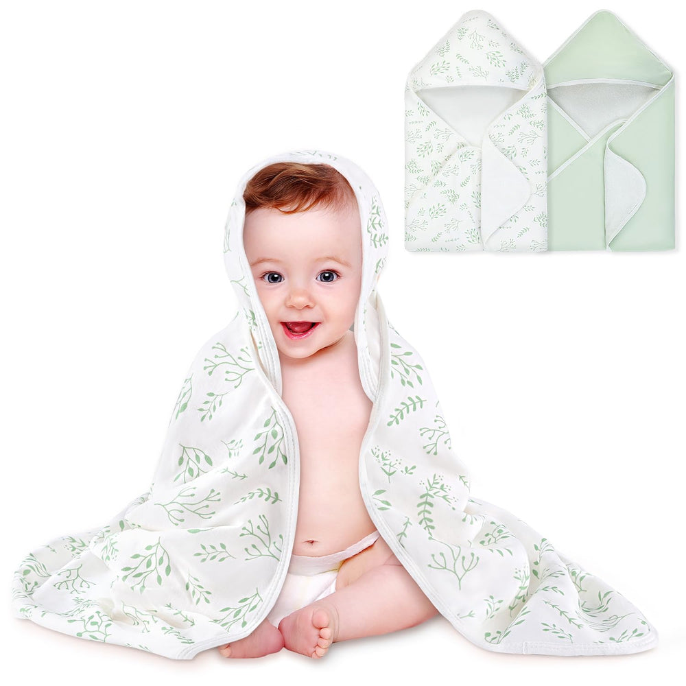 BabyAlly hooded towel in mint green leaves, 28x28 inches, plush and gentle for newborns.