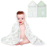 BabyAlly hooded towel in mint green leaves, 28x28 inches, plush and gentle for newborns.