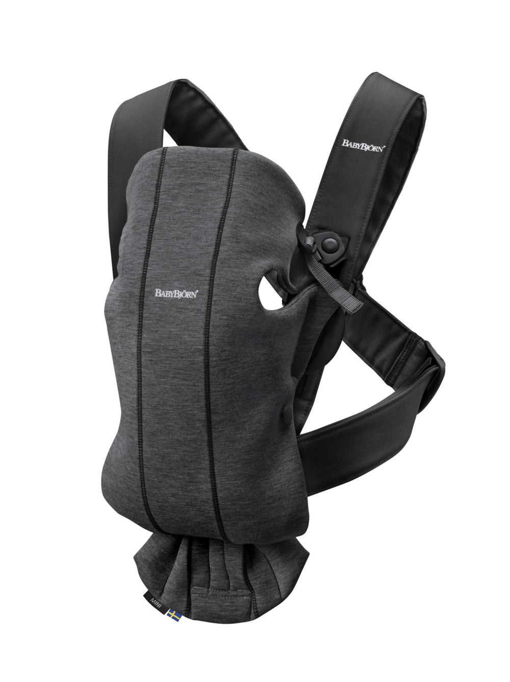 BabyBjörn Baby Carrier Mini front-facing-in in 3D jersey keeps baby close and comfy.