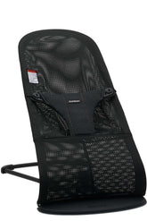 BabyBjörn Bouncer Bliss with black frame and breathable mesh seat for comfort.