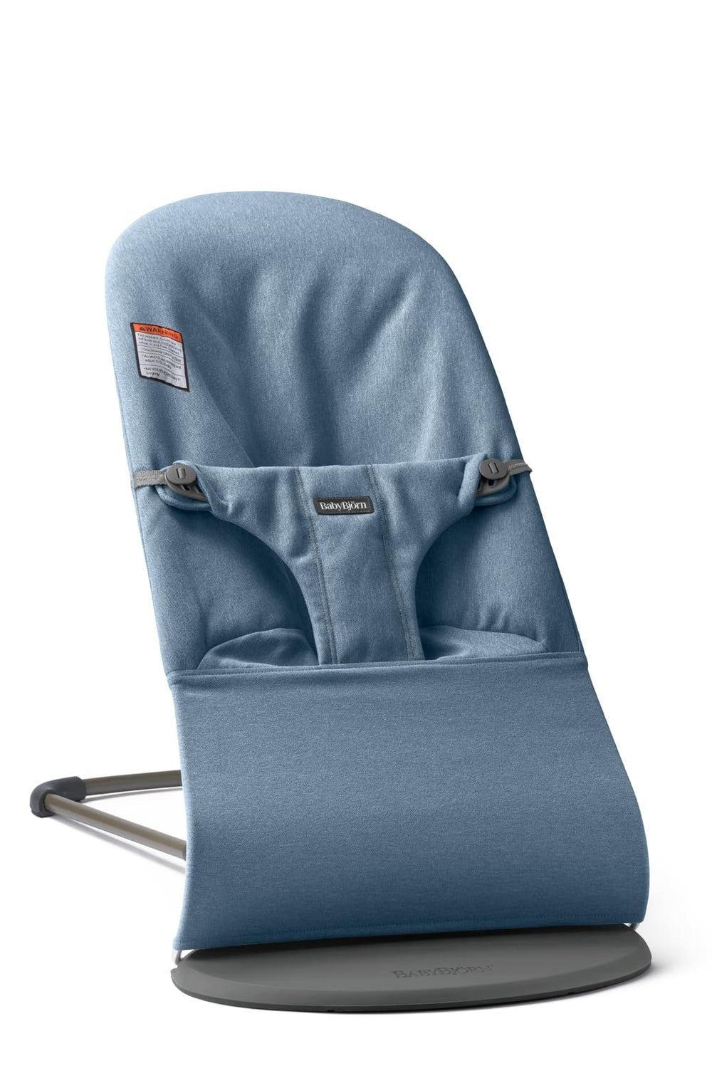BabyBjörn Bouncer Bliss blue front view, portable and lightweight.