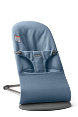 BabyBjörn Bouncer Bliss blue front view, portable and lightweight.