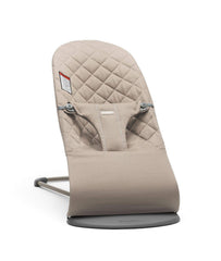 BabyBjörn Bouncer Bliss sand gray front view, lightweight and portable for easy room-to-room use.