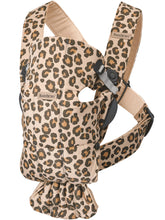 BabyBjörn Mini cotton carrier in beige-leopard, front view, promoting close newborn bonding