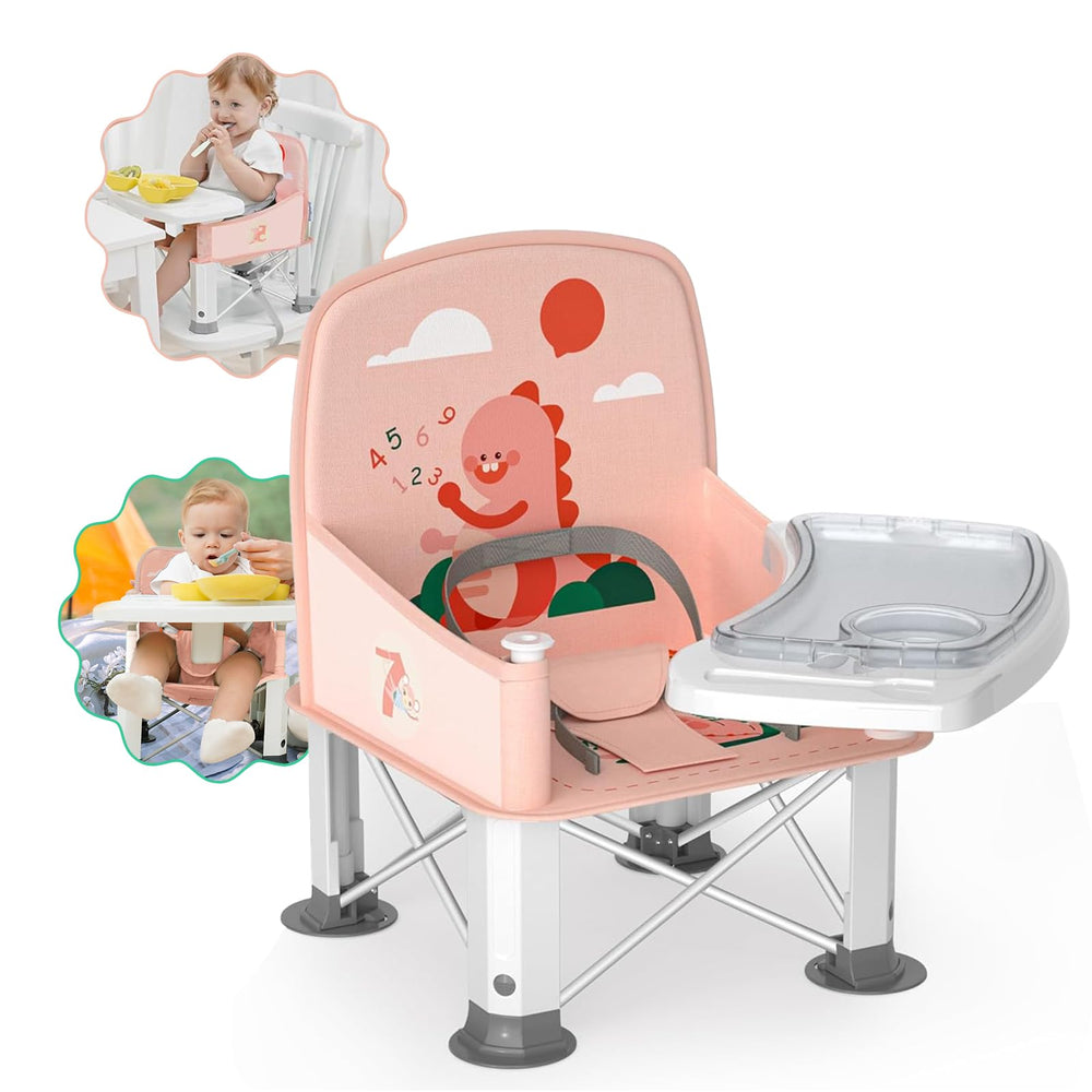 BabyBond travel booster seat folded compactly for storage, pink dinosaur design.