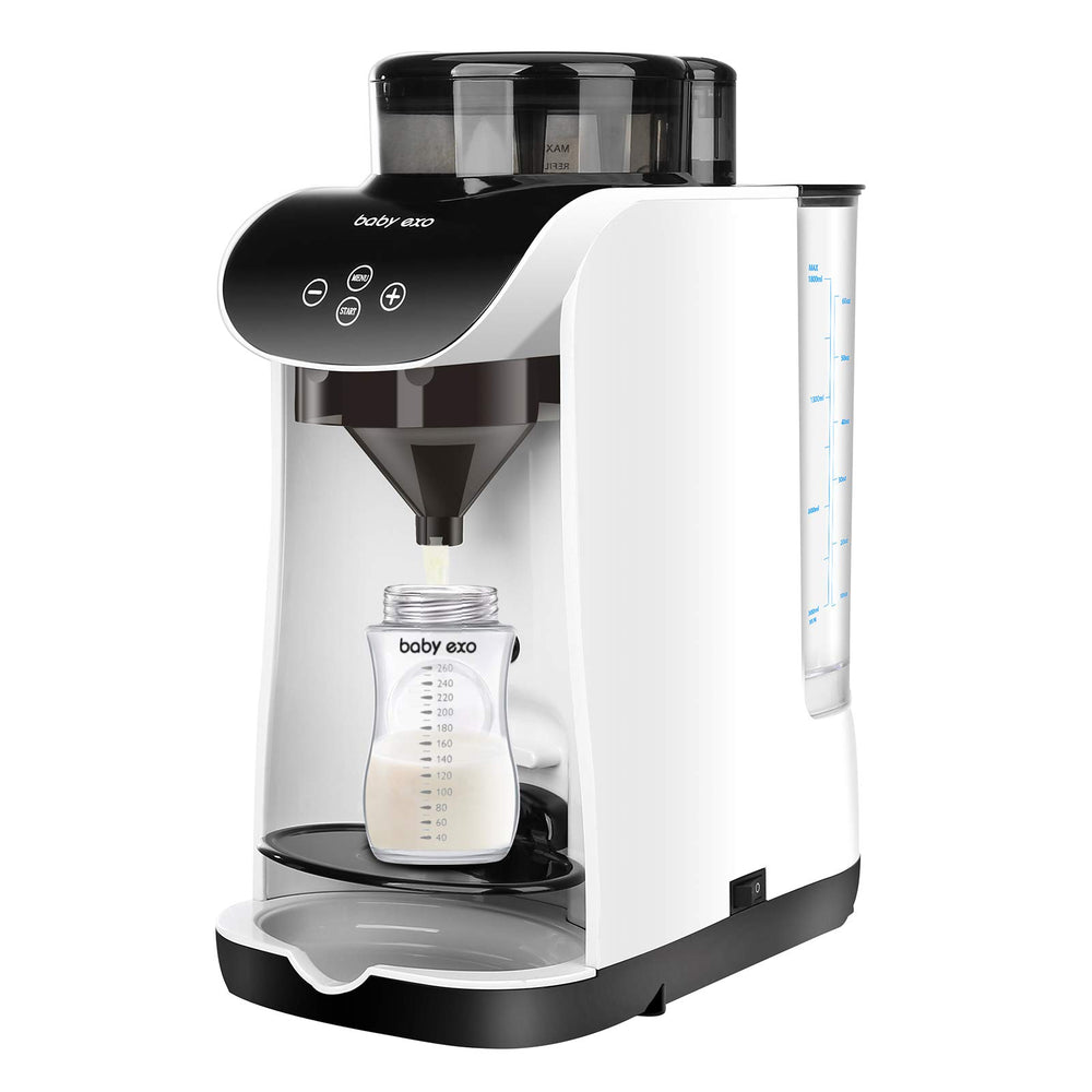 BabyEXO formula milk dispenser front view showing automated blending for smoother feeds