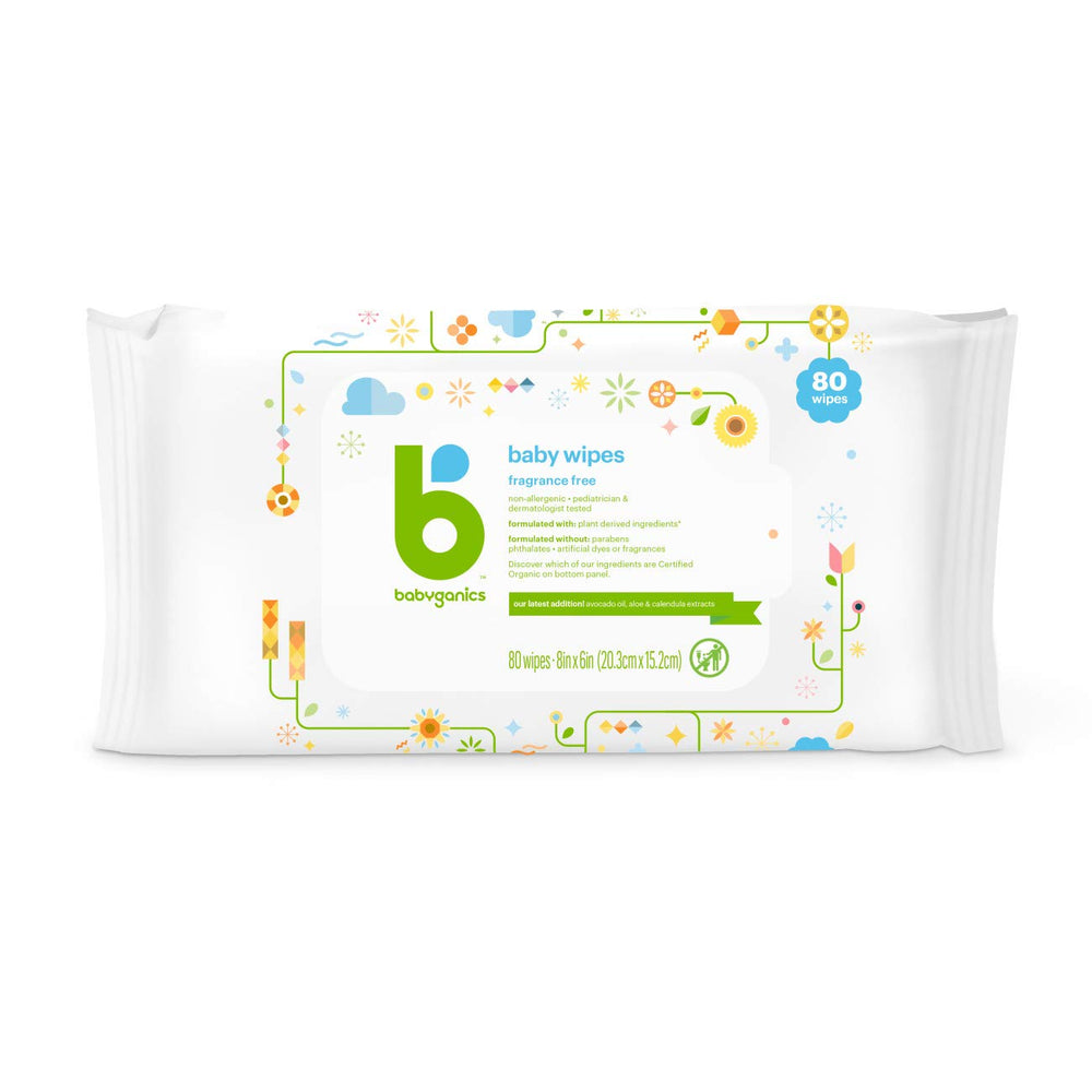 BabyGanics fragrance-free wipes packaging front; gentle cleansing for babies.