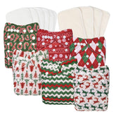 Babygoal Christmas cloth diapers six-pack with adjustable snaps for growing babies.