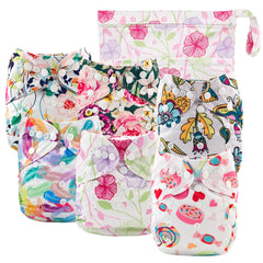 Babygoal cloth diaper cover front view showing six covers and wet bag for eco-friendly diapering