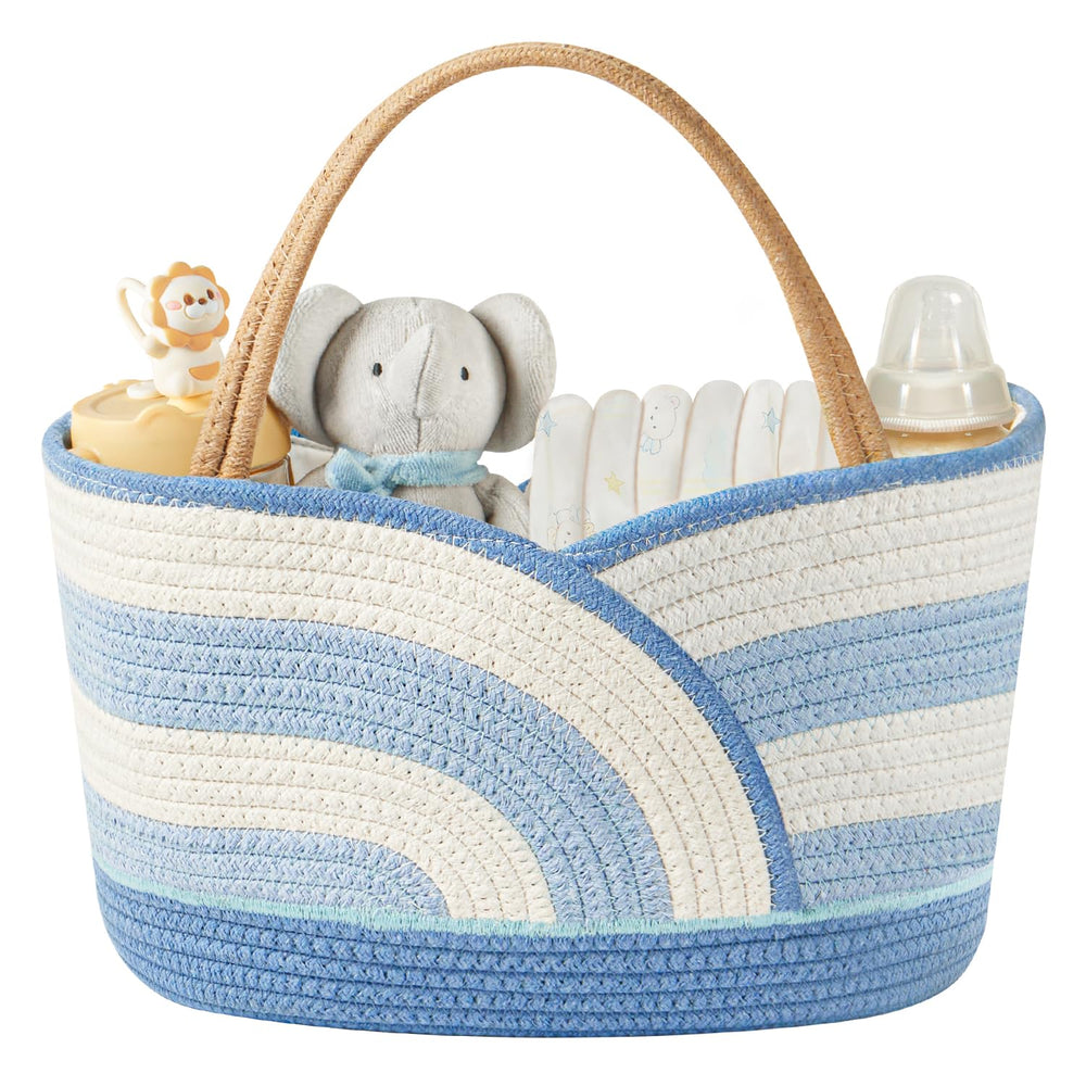 Babygreat diaper caddy blue-white closeup, neatly organizes diapers and wipes within easy reach.