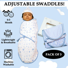 BABYKINZ blue swaddle demonstrates inverted zipper for easy diaper changes