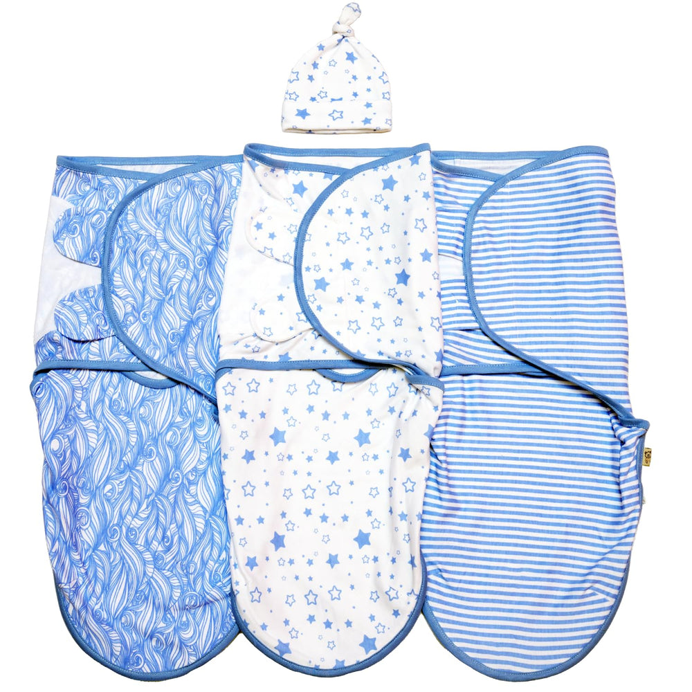 BABYKINZ 3-pack blue swaddles front view offering secure, cozy sleep for newborns