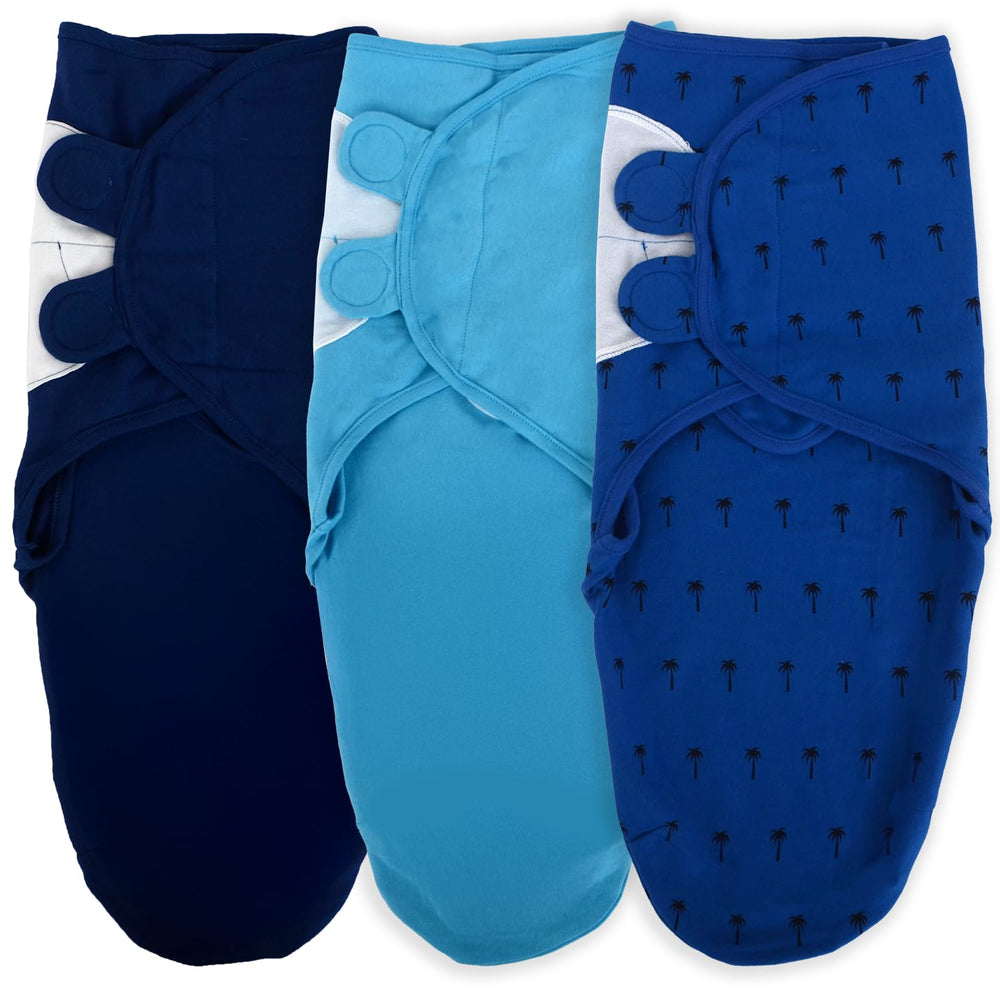 BABYKINZ 3-pack blue swaddle sacks provide cozy, secure sleep for newborns.