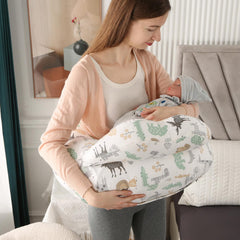 BABYLIAN nursing pillow demonstrates multi-use for feeding, propping, tummy time, and sitting.