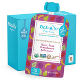 Babylife Organics Stage 2 plum-pear-strawberry-banana pouch front, ideal for on-the-go snacking