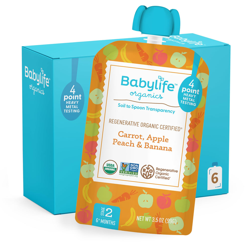 Babylife Organics Stage 2 carrot apple peach banana pouch front view for on-the-go feeding