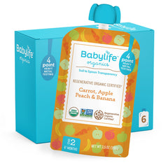Babylife Organics Stage 2 carrot apple peach banana pouch front view for on-the-go feeding