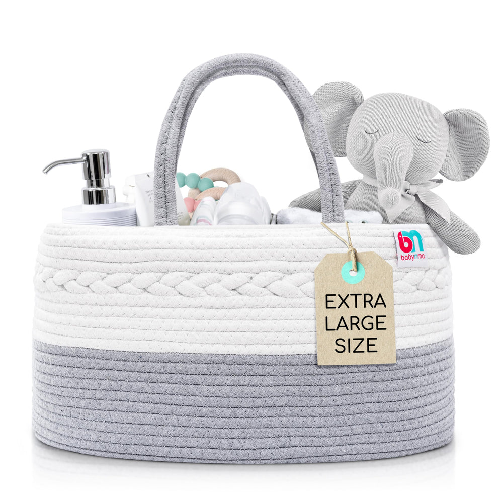 Babynma rope diaper caddy in gray, extra-large capacity for nursery organization.