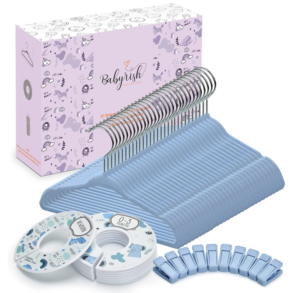 Babyrish velvet baby hangers 30-pack arranged neatly for organized nursery wardrobes
